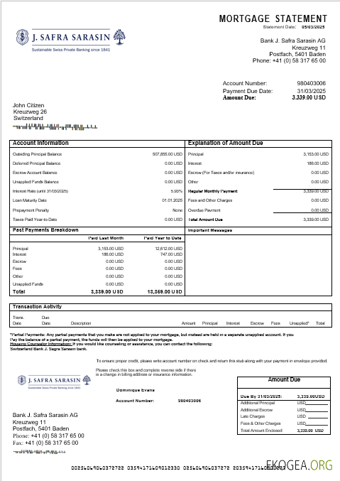 Suisse Banque J. Safra Sarasin relevé d'hypothèque bancaire aux formats Word et PDF